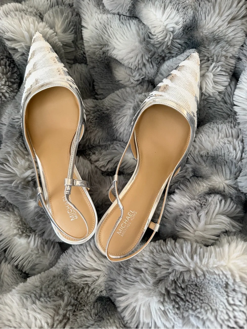 Michael Kors Silver Sequin Slingback Pointed-Toe Kitten Heels Size 9.5 $70 BNIB